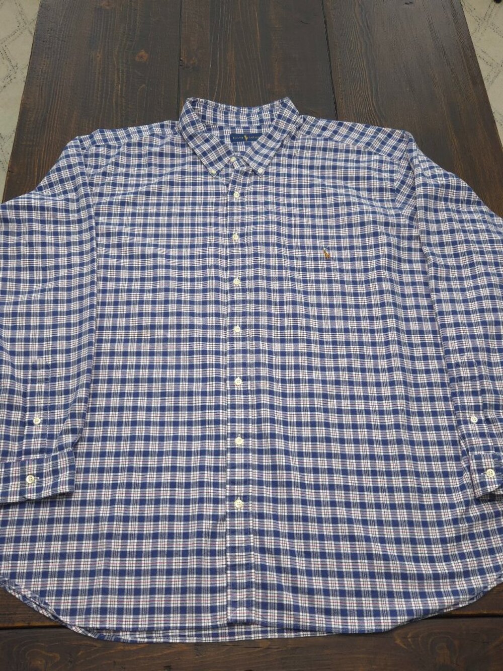 Ralph Lauren Shirt 4XB Blue Plaid Cotton Button Down Big Tall Flesh Pony LS